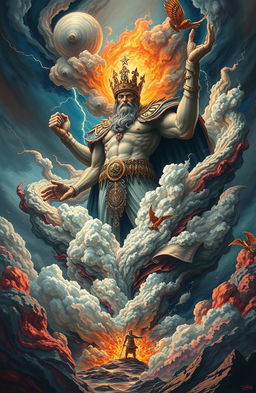 A surreal and abstract representation of power and dominance, featuring a giant, majestic figure in a regal pose, surrounded by swirling clouds and chaotic elements that symbolize strength