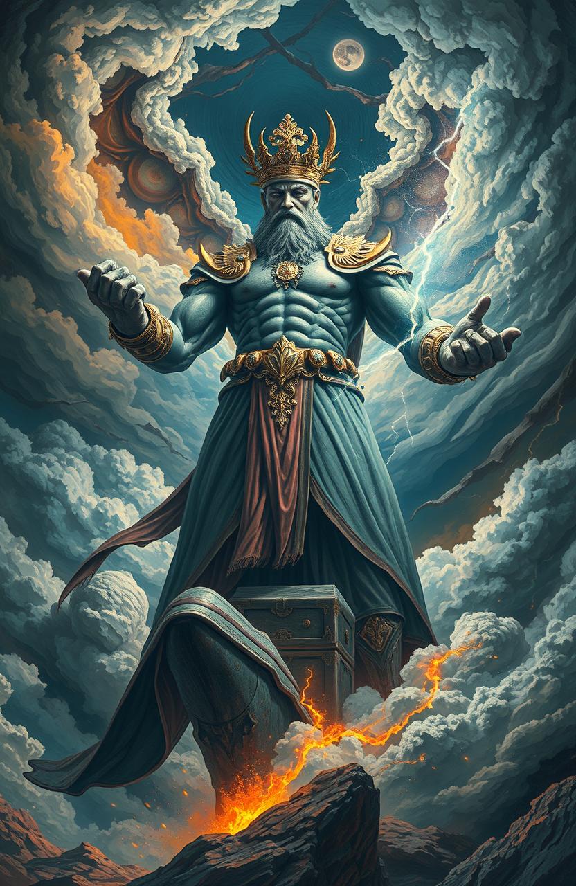 A surreal and abstract representation of power and dominance, featuring a giant, majestic figure in a regal pose, surrounded by swirling clouds and chaotic elements that symbolize strength