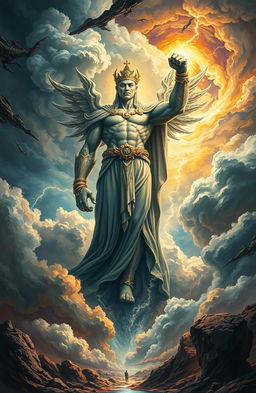 A surreal and abstract representation of power and dominance, featuring a giant, majestic figure in a regal pose, surrounded by swirling clouds and chaotic elements that symbolize strength