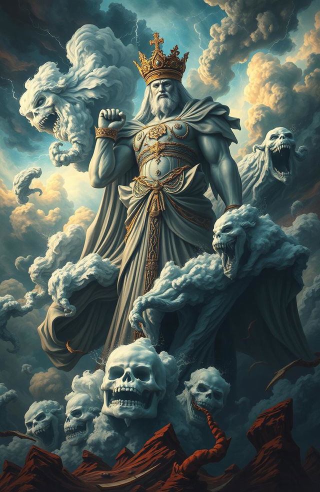 A surreal and abstract representation of power and dominance, featuring a giant, majestic figure in a regal pose, surrounded by swirling clouds and chaotic elements that symbolize strength