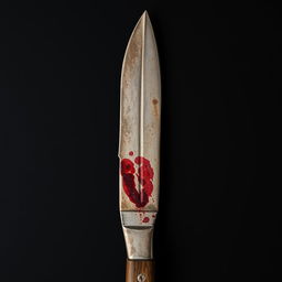 An old, dusty knife with a rusty blade and dark red stains resembling blood, set against a solid black background