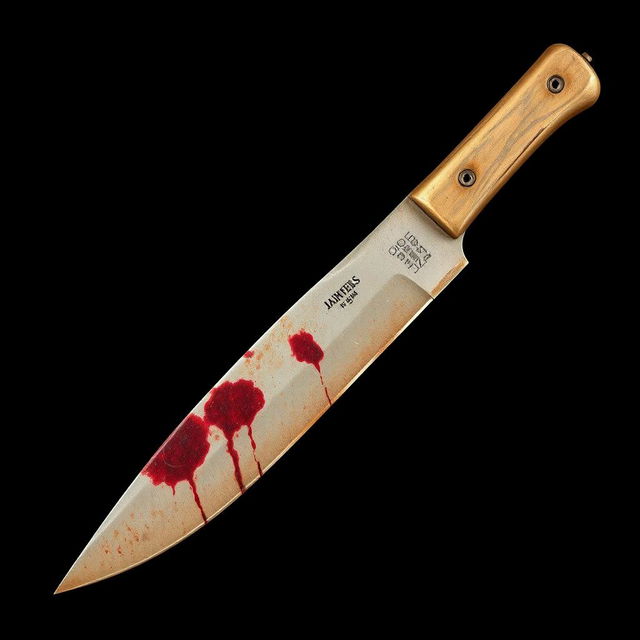 An old, dusty knife with a rusty blade and dark red stains resembling blood, set against a solid black background