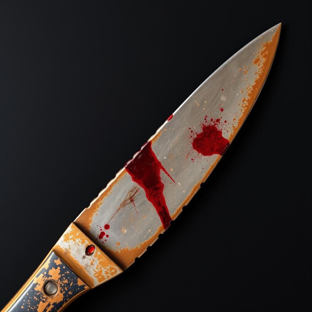 An old, dusty knife with a rusty blade and dark red stains resembling blood, set against a solid black background