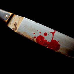 An old, dusty knife with a rusty blade and dark red stains resembling blood, set against a solid black background