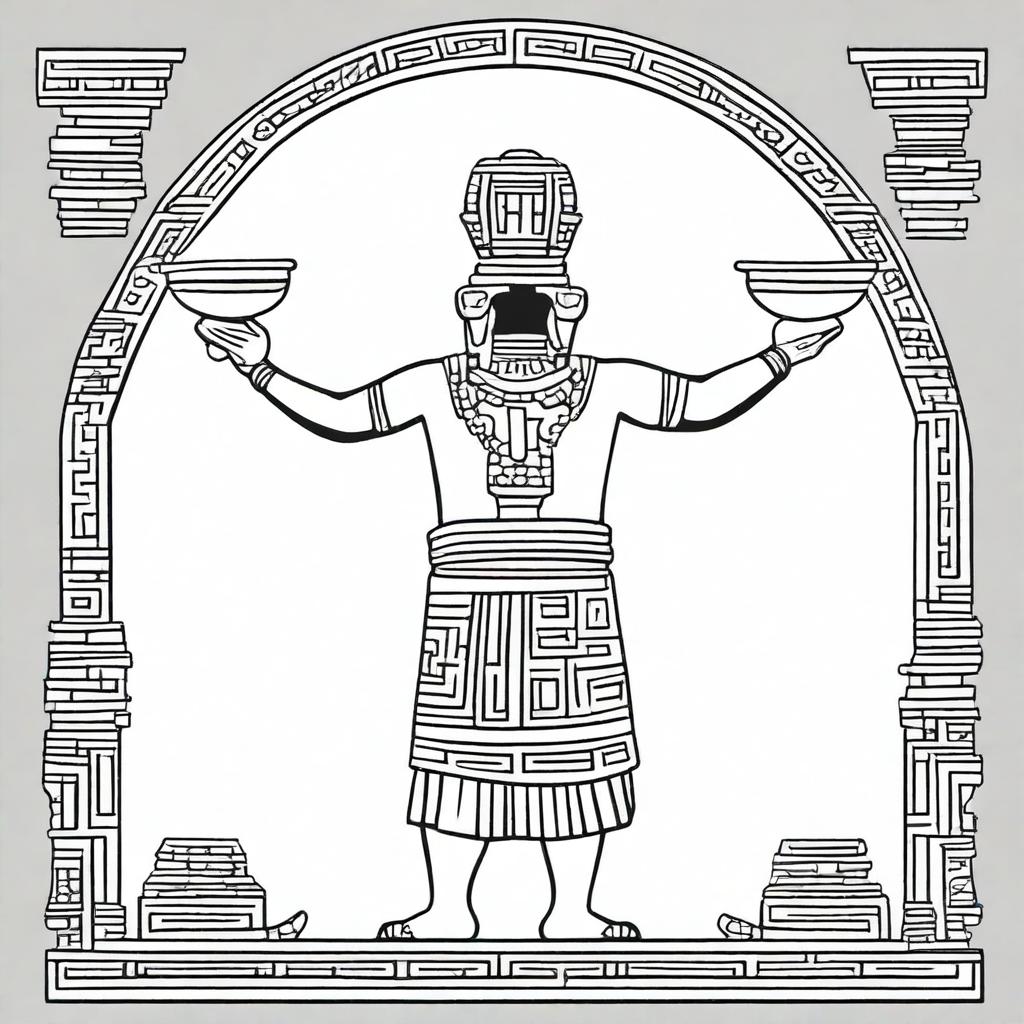 Line art depiction of a man in full ancient Mayan attire seen from the back, lifting his arms while holding an incense-filled jar