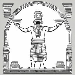 Line art depiction of a man in full ancient Mayan attire seen from the back, lifting his arms while holding an incense-filled jar