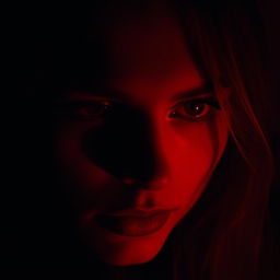 A romantic and mysterious scene bathed in deep dark red tones, creating an intense and alluring atmosphere
