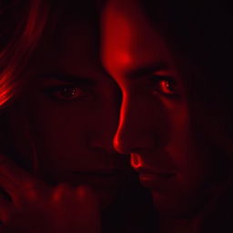 A romantic and mysterious scene bathed in deep dark red tones, creating an intense and alluring atmosphere