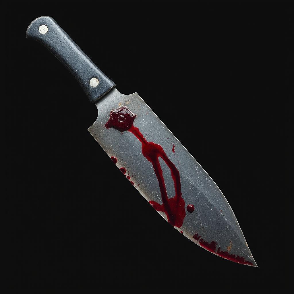 An old, dusty dark grey knife with a tarnished blade and dark red stains resembling blood, set against a solid black background