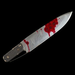 An old, dusty dark grey knife with a tarnished blade and dark red stains resembling blood, set against a solid black background