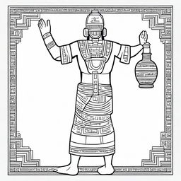 Line art depiction of a man in full ancient Mayan attire seen from the back, lifting his arms while holding an incense-filled jar