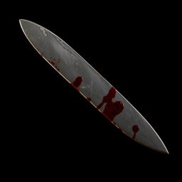 An old, dusty dark grey knife with a tarnished blade and dark red stains resembling blood, set against a solid black background