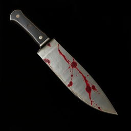 An old, dusty dark grey knife with a tarnished blade and dark red stains resembling blood, set against a solid black background