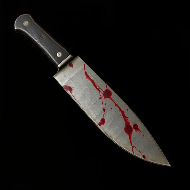 An old, dusty dark grey knife with a tarnished blade and dark red stains resembling blood, set against a solid black background