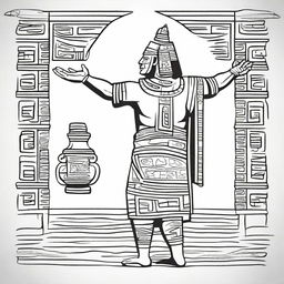 Line art depiction of a man in full ancient Mayan attire seen from the back, lifting his arms while holding an incense-filled jar