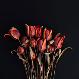 A beautifully arranged display of very dried red tulips against a solid black background