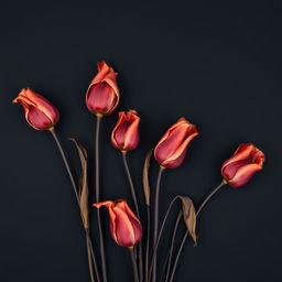 A beautifully arranged display of very dried red tulips against a solid black background