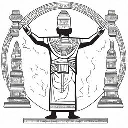 Line art depiction of a man in full ancient Mayan attire seen from the back, lifting his arms while holding an incense-filled jar