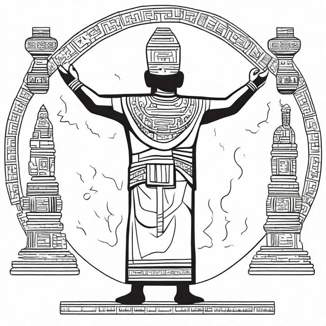 Line art depiction of a man in full ancient Mayan attire seen from the back, lifting his arms while holding an incense-filled jar