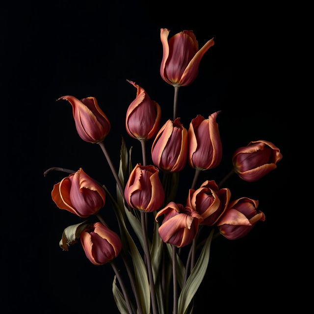 A beautifully arranged display of very dried red tulips against a solid black background