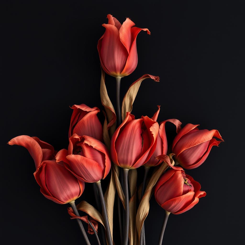 A beautifully arranged display of very dried red tulips against a solid black background