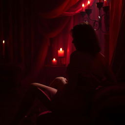 A sultry and romantic scene filled with deep dark red tones that evoke passion and allure