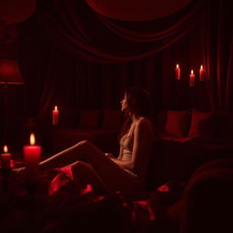 A sultry and romantic scene filled with deep dark red tones that evoke passion and allure