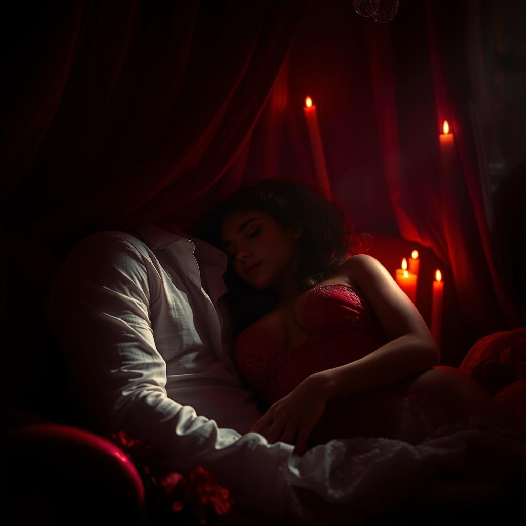 A sultry and romantic scene filled with deep dark red tones that evoke passion and allure