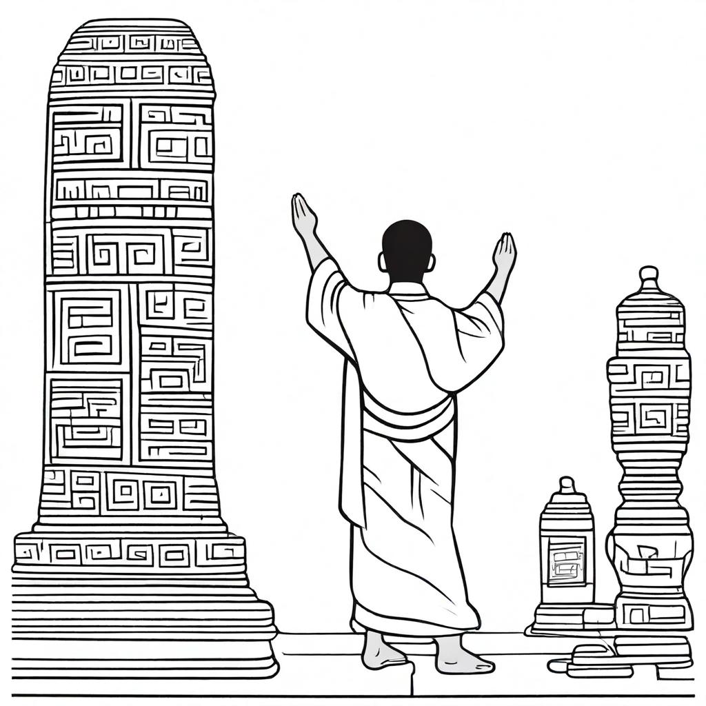 Line art of a solitary man seen from the back in full ancient Mayan clothing, lifting a joss stick jar with his raised arms.