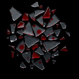 A captivating display of broken glass shards with dark red stains resembling blood scattered across a solid black background