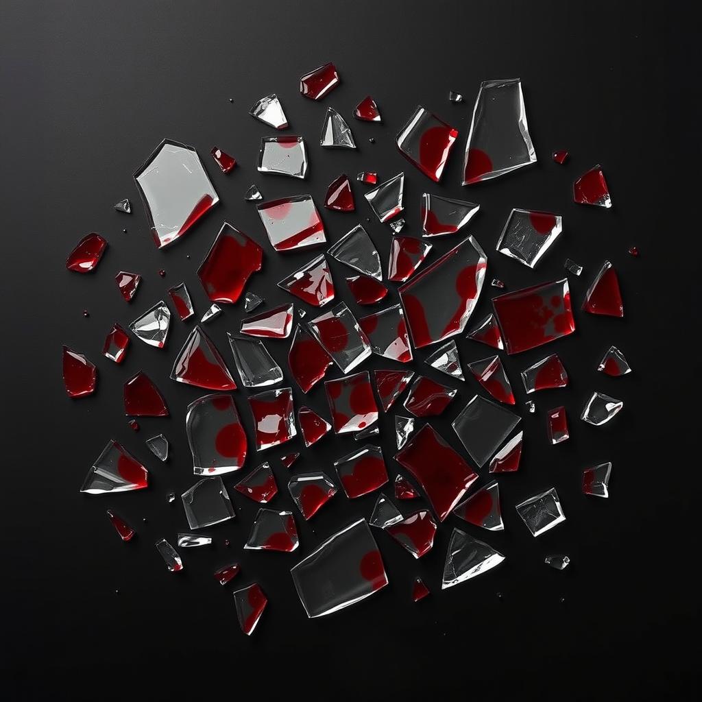 A captivating display of broken glass shards with dark red stains resembling blood scattered across a solid black background