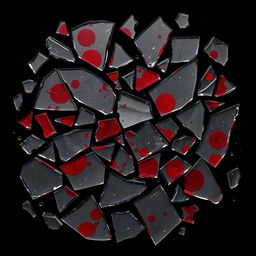 A captivating display of broken glass shards with dark red stains resembling blood scattered across a solid black background