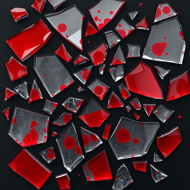 A captivating display of broken glass shards with dark red stains resembling blood scattered across a solid black background