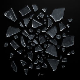 A striking arrangement of broken glass pieces scattered across a pitch black background