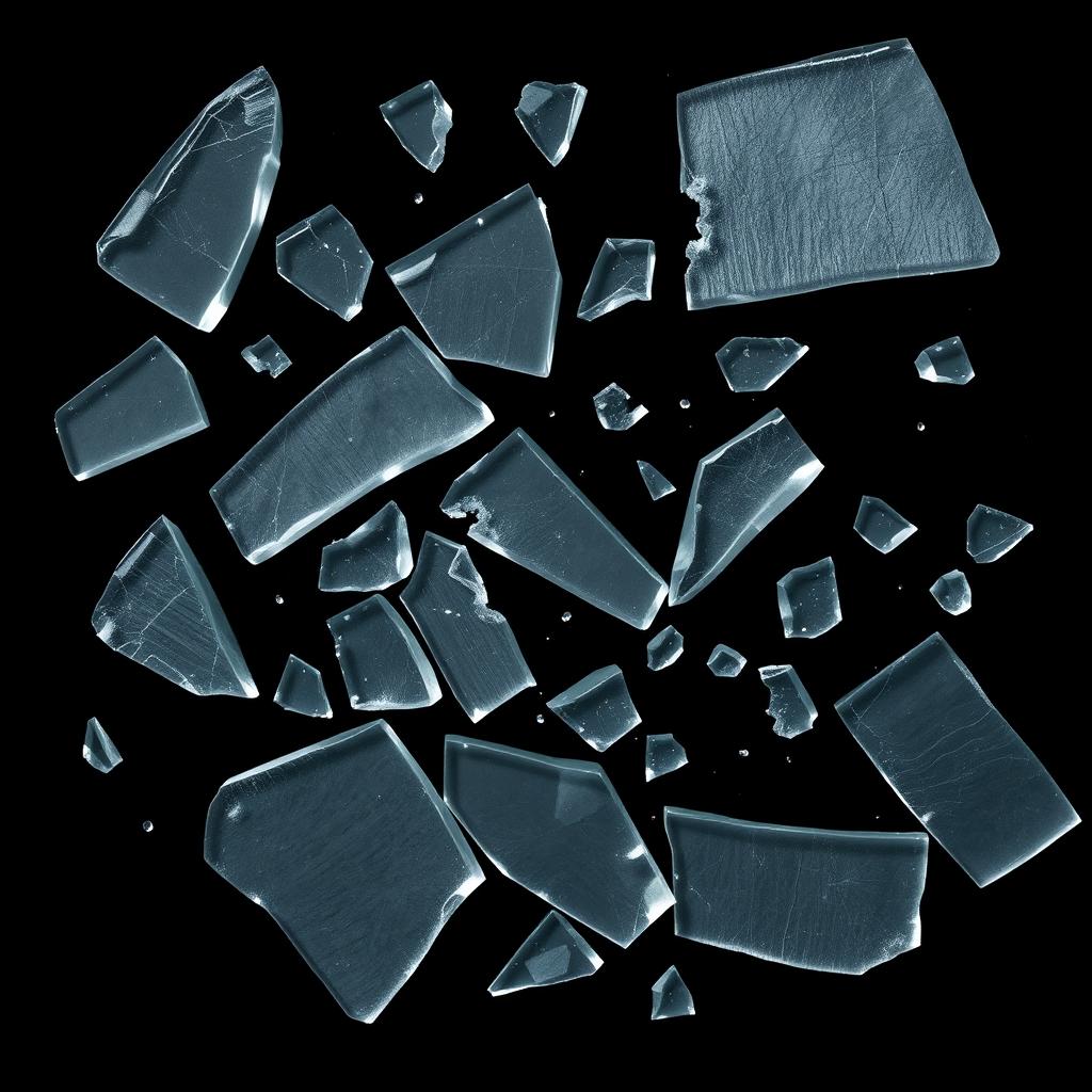 A striking arrangement of broken glass pieces scattered across a pitch black background