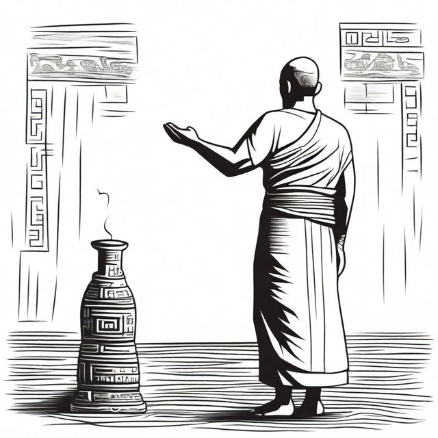 Line art of a solitary man seen from the back in full ancient Mayan clothing, lifting a joss stick jar with his raised arms.