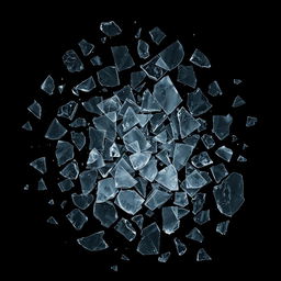 A striking arrangement of broken glass pieces scattered across a pitch black background