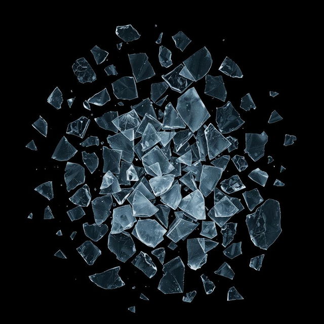 A striking arrangement of broken glass pieces scattered across a pitch black background