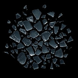 A striking arrangement of broken glass pieces scattered across a pitch black background