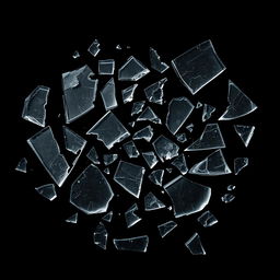 An impactful composition featuring large broken glass pieces scattered across a pitch black background