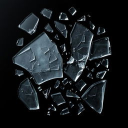 An impactful composition featuring large broken glass pieces scattered across a pitch black background