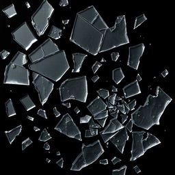 An impactful composition featuring large broken glass pieces scattered across a pitch black background
