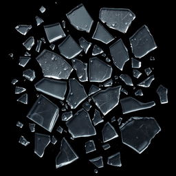 An impactful composition featuring large broken glass pieces scattered across a pitch black background