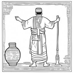 Line art of a solitary man seen from the back in full ancient Mayan clothing, lifting a joss stick jar with his raised arms.