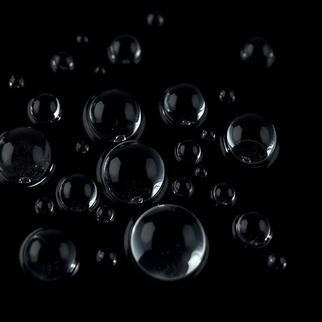 An elegant composition featuring crystal-clear water droplets resting on a pitch black background