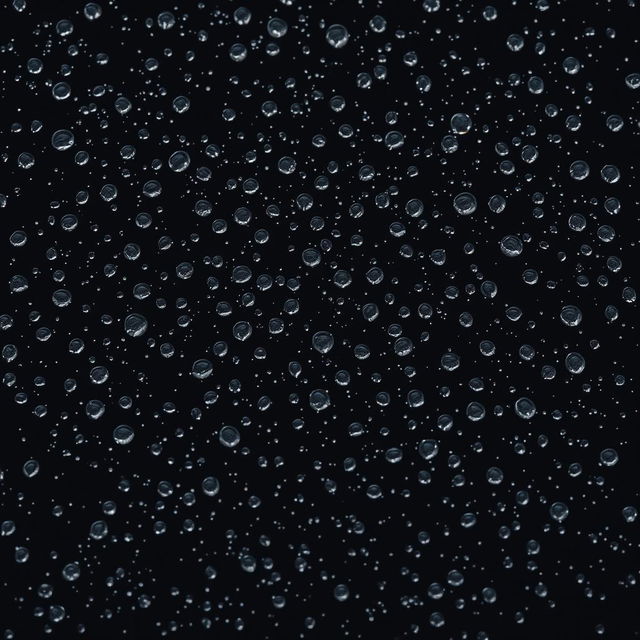 A captivating scene featuring numerous small water droplets scattered across a pitch black background