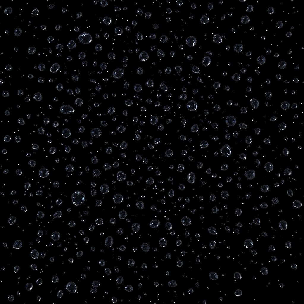 A captivating scene featuring numerous small water droplets scattered across a pitch black background