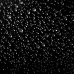 A captivating scene featuring numerous small water droplets scattered across a pitch black background