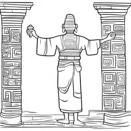 Line art of a solitary man seen from the back in full ancient Mayan clothing, lifting a joss stick jar with his raised arms.