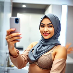 A realistic image of a young Muslim woman wearing a hijab, elegantly styled, capturing a mirror selfie